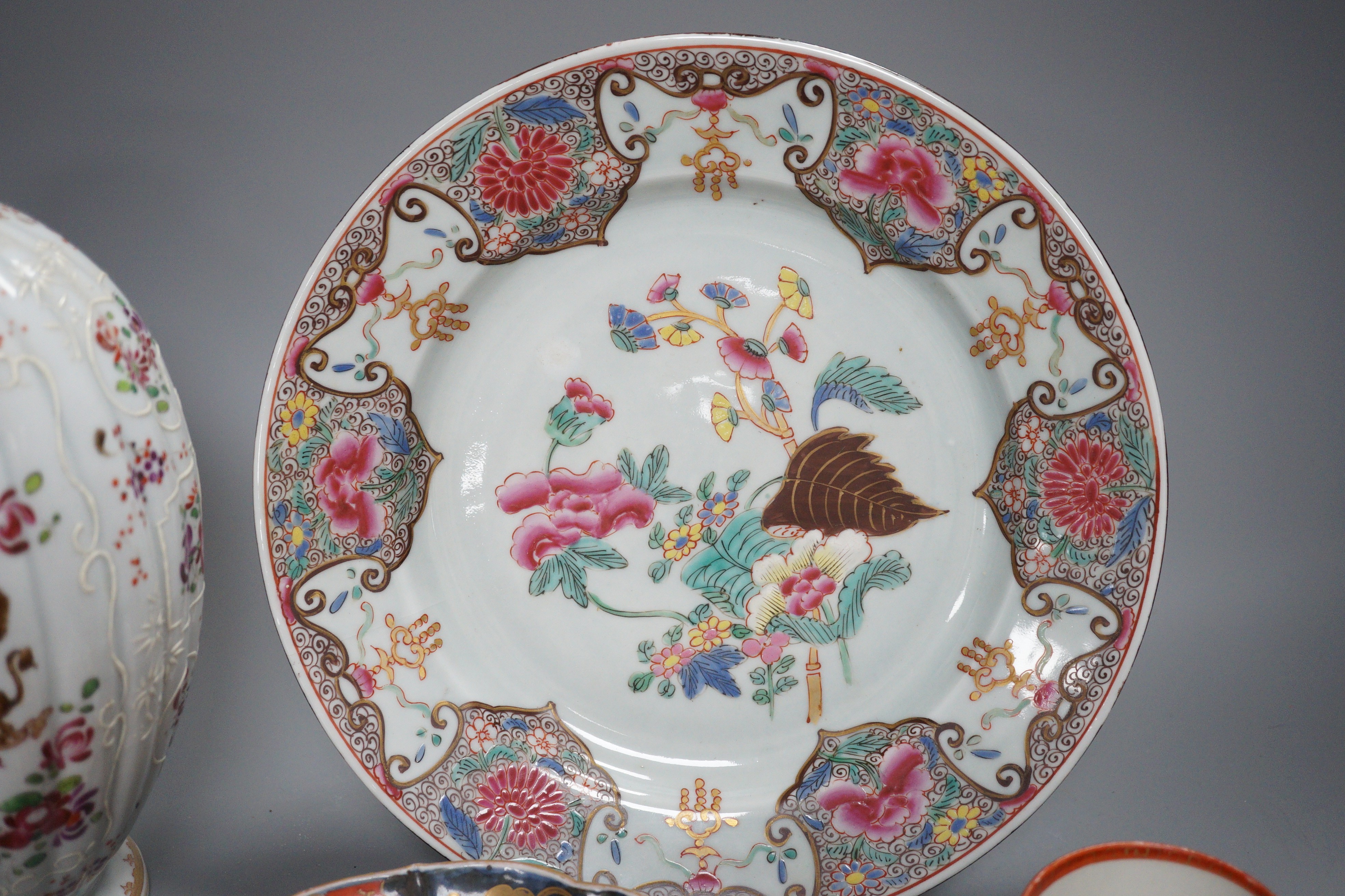 A Samson ovoid armorial jar, a Samson plate, a pair of Imari leaf dishes and three other Chinese/Japanese items